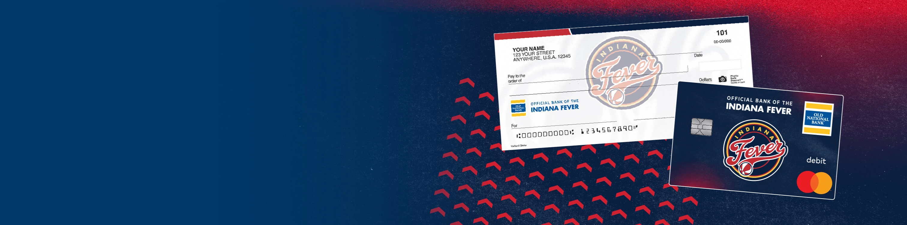 Graphic image displaying Old National Bank's card and check collaboration with the Indiana Fever