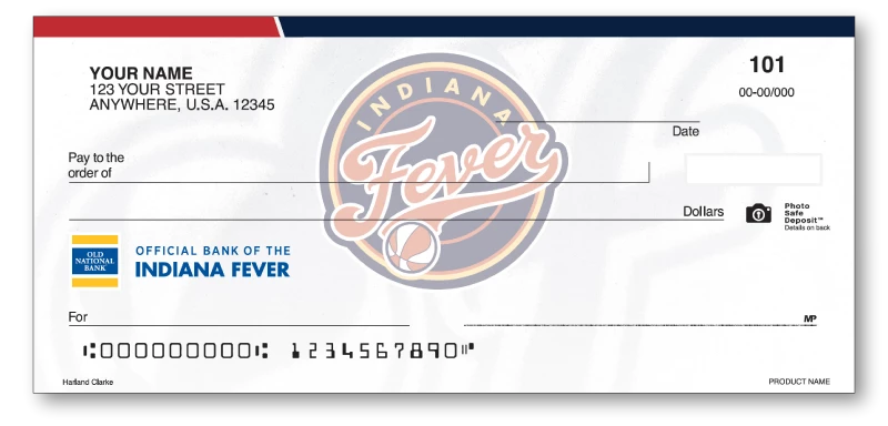 Graphic image displaying Old National Bank's check collaboration with the Indiana Fever