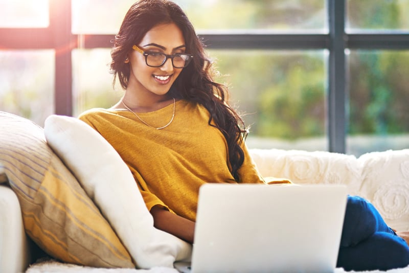 A woman researching banking options